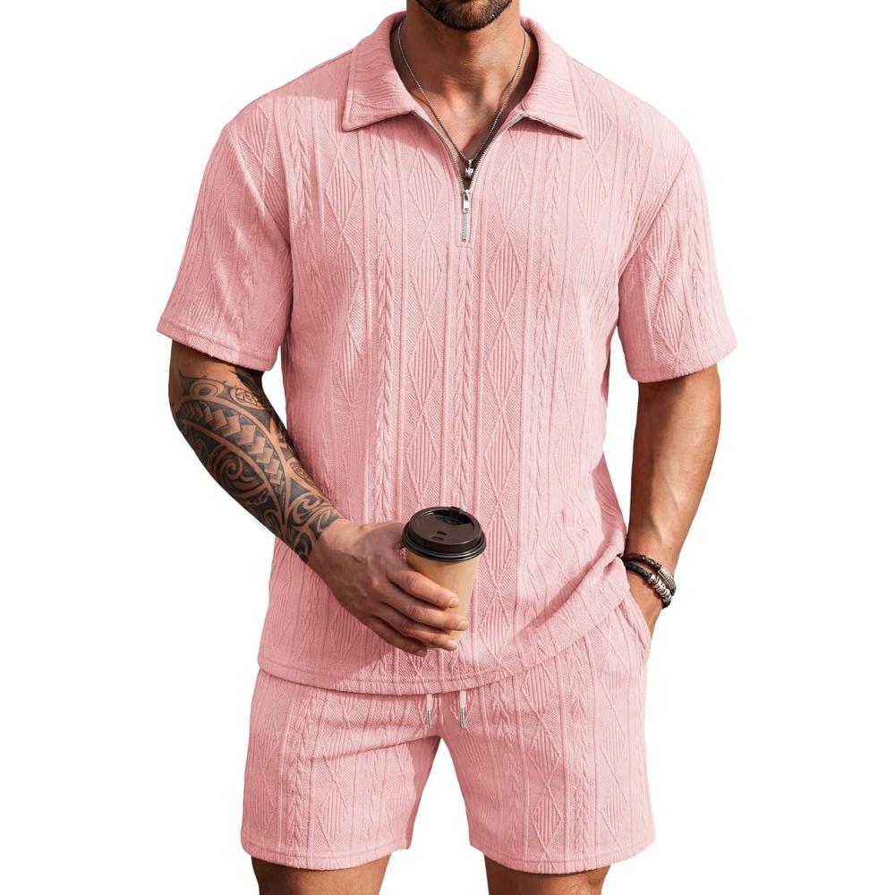 imageCOOFANDY Mens 2 Piece Set Summer Beach Vacation Outfits Quarter Zip Polo Shirt and Shorts SetsPink