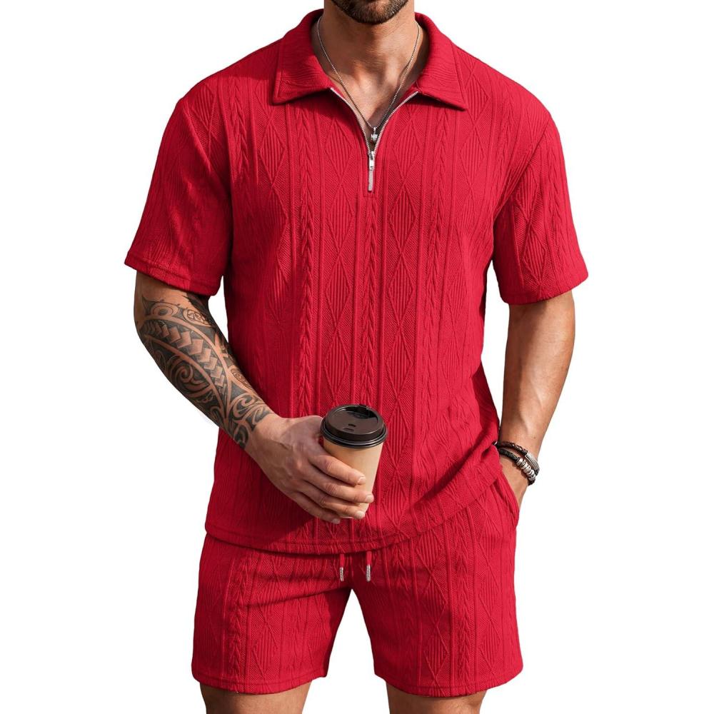 imageCOOFANDY Mens 2 Piece Set Summer Beach Vacation Outfits Quarter Zip Polo Shirt and Shorts SetsRed