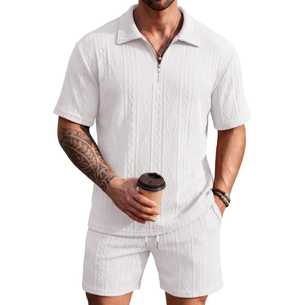 imageCOOFANDY Mens 2 Piece Set Summer Beach Vacation Outfits Quarter Zip Polo Shirt and Shorts SetsWhite