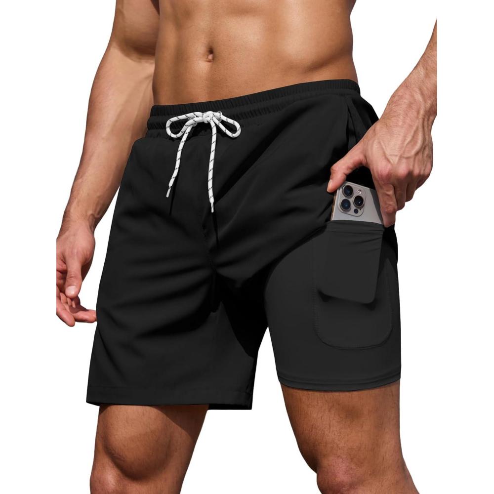 imageCOOFANDY Mens 7 Swim Trunks with Compression Liner Stretch Swimming Shorts with Zipper PocketsBlack