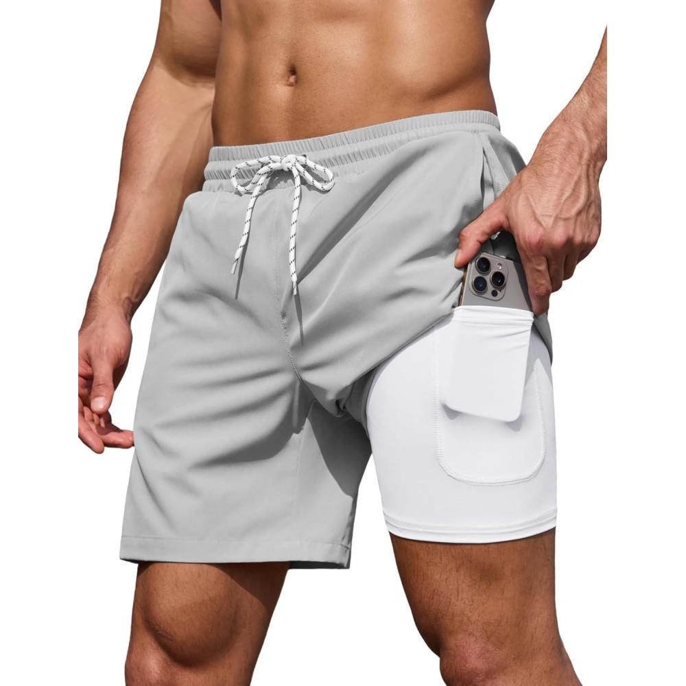 imageCOOFANDY Mens 7 Swim Trunks with Compression Liner Stretch Swimming Shorts with Zipper PocketsLight Grey