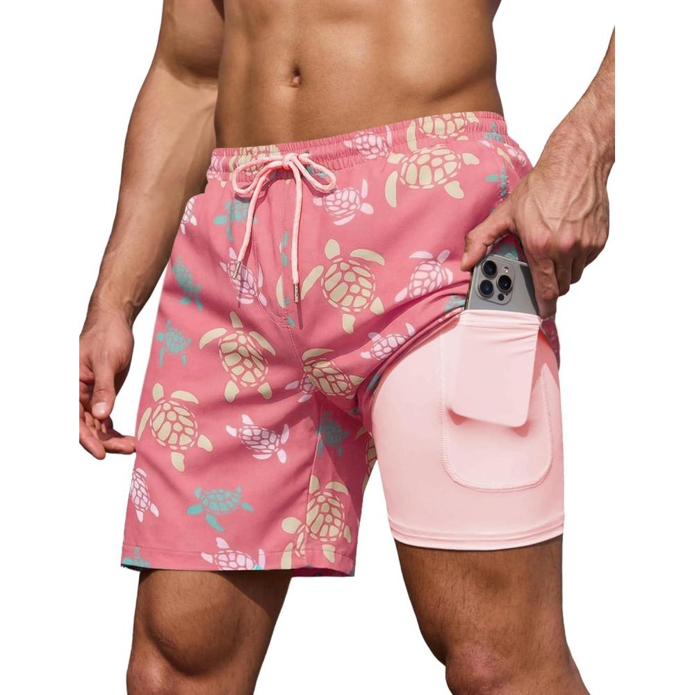 imageCOOFANDY Mens 7 Swim Trunks with Compression Liner Stretch Swimming Shorts with Zipper PocketsPink  Turtles