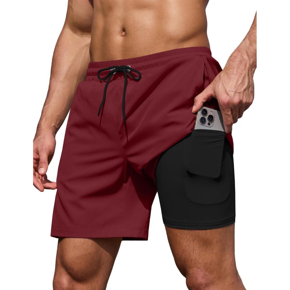 imageCOOFANDY Mens 7 Swim Trunks with Compression Liner Stretch Swimming Shorts with Zipper PocketsWine
