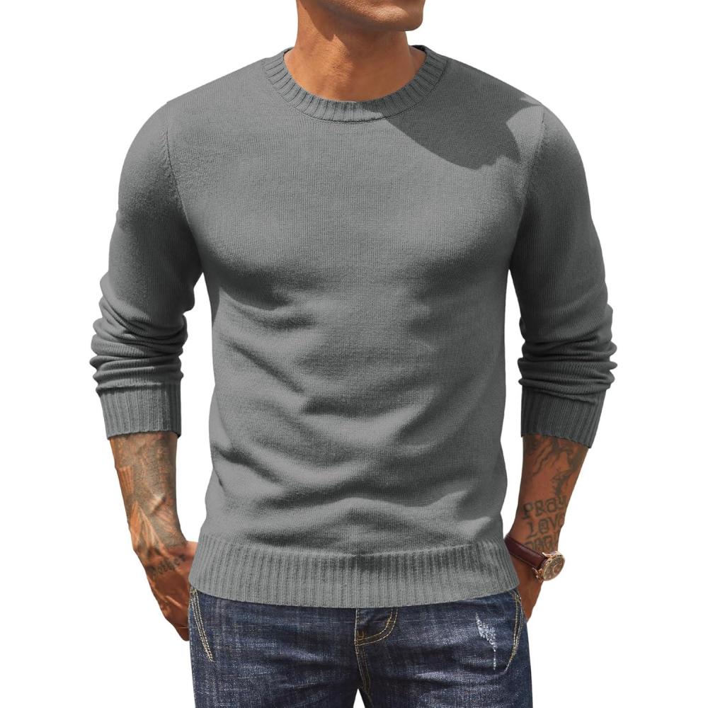 imageCOOFANDY Mens Crewneck Sweaters Knit Dress Pullover Long Sleeve Lightweight Sweatshirt Casual Dress SweaterGrey