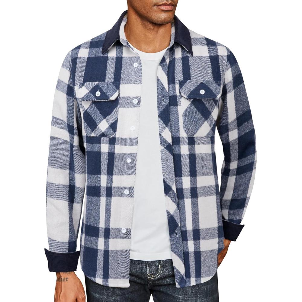 imageCOOFANDY Mens Flannel Long Sleeve Plaid Button Down Shirt with PocketsBlue