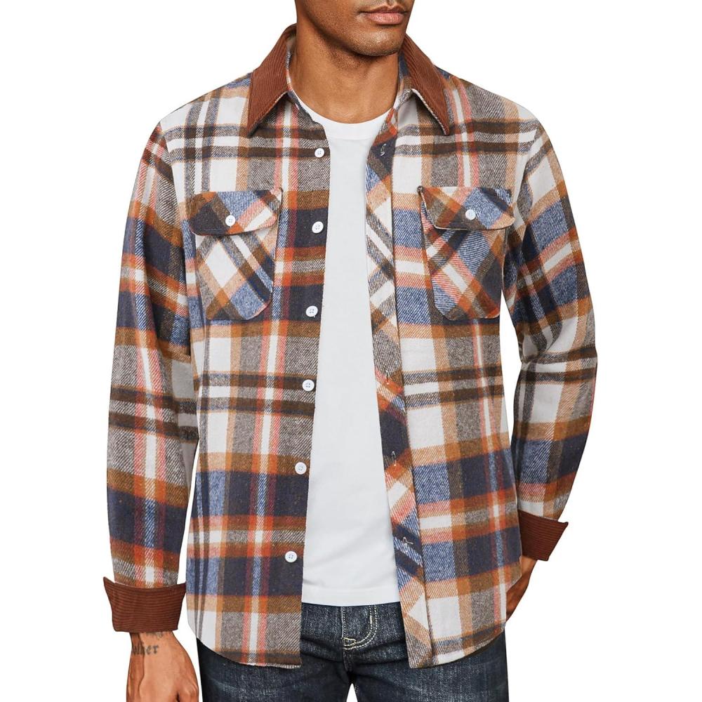 imageCOOFANDY Mens Flannel Long Sleeve Plaid Button Down Shirt with PocketsBrown