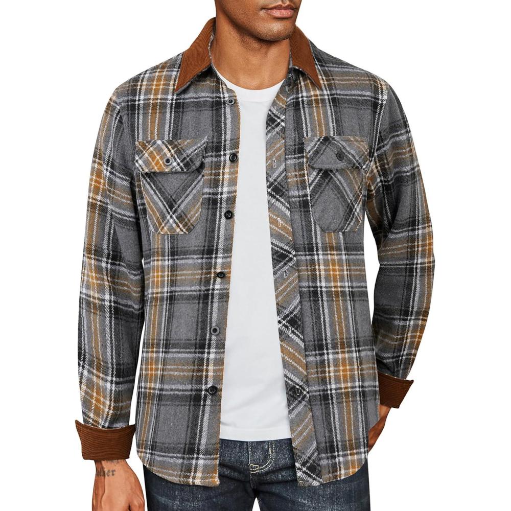 imageCOOFANDY Mens Flannel Long Sleeve Plaid Button Down Shirt with PocketsGrey