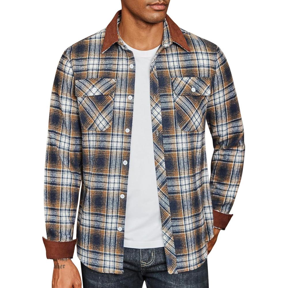 imageCOOFANDY Mens Flannel Long Sleeve Plaid Button Down Shirt with PocketsNavy