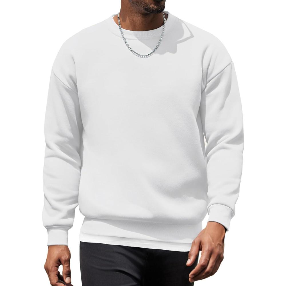 imageCOOFANDY Mens Fleece Pullover Crewneck Sweatshirts Soft Casual Long Sleeves Sweatshirt Crew Neck Pullover SweaterWhite