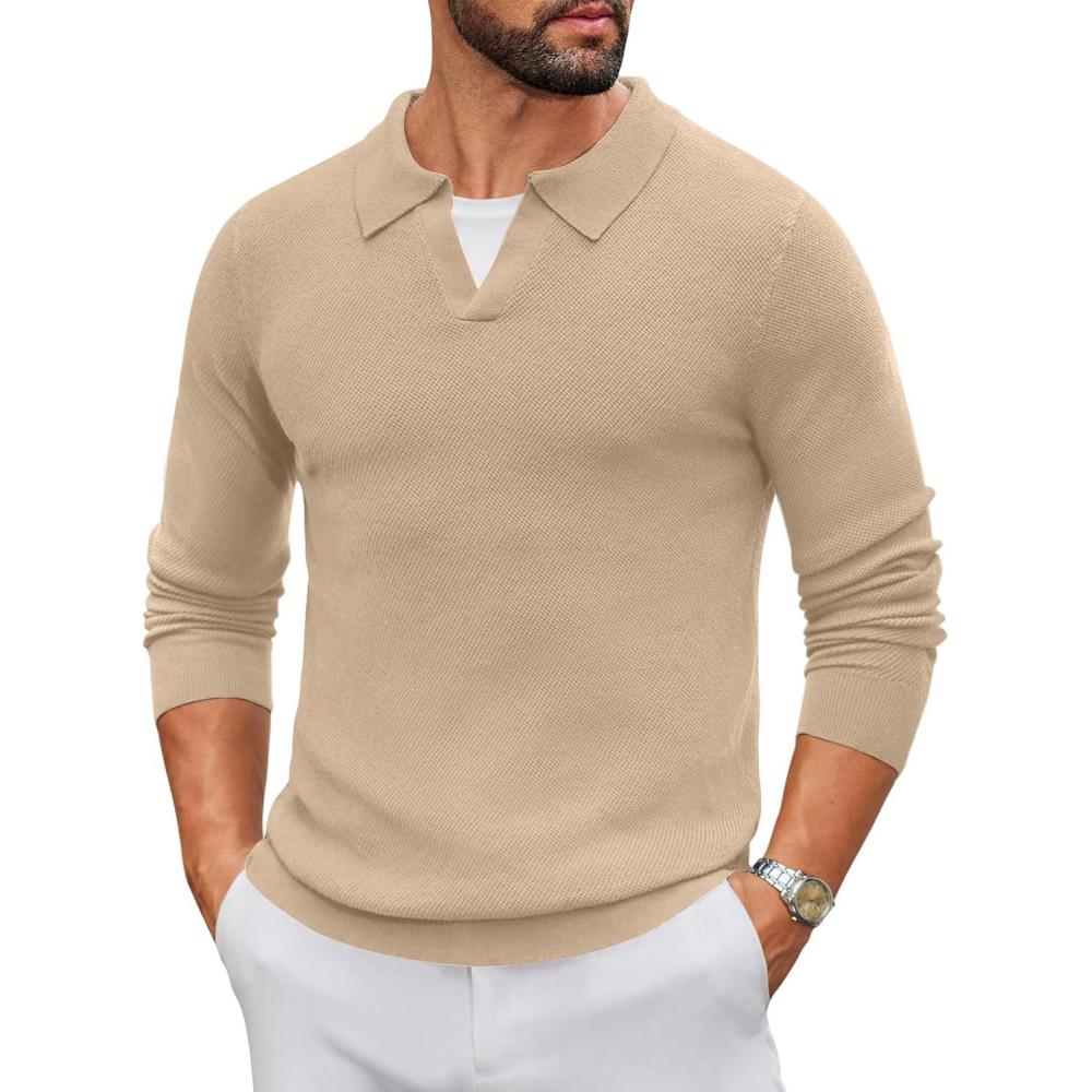 imageCOOFANDY Mens Knit Polo Sweater Long Sleeve VNeck Pullover Sweaters Casual Collared Ribbed Knitted PolosLight Khaki