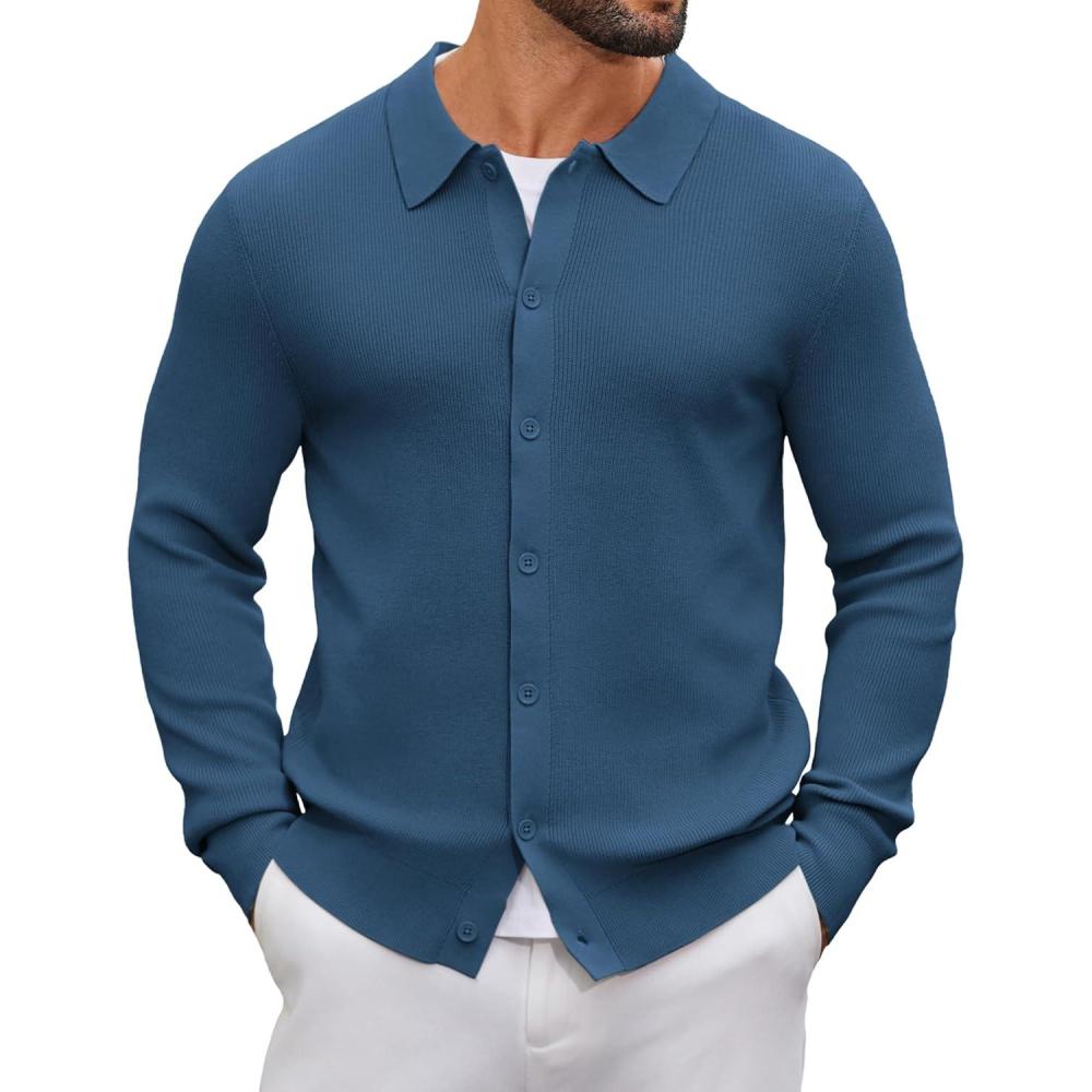 imageCOOFANDY Mens Knit Pullover Sweater Long Sleeve Casual Sweater Open Front Ribbed SweaterBlue