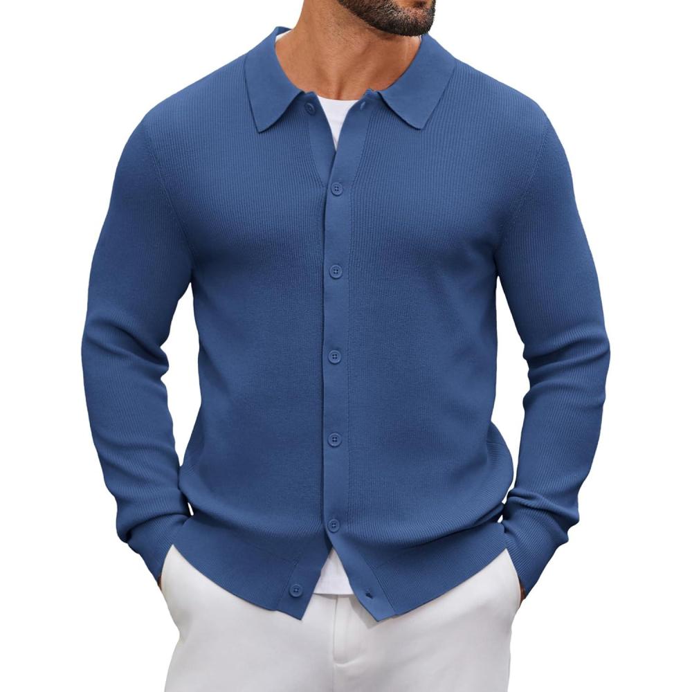 imageCOOFANDY Mens Knit Pullover Sweater Long Sleeve Casual Sweater Open Front Ribbed SweaterDenim Blue