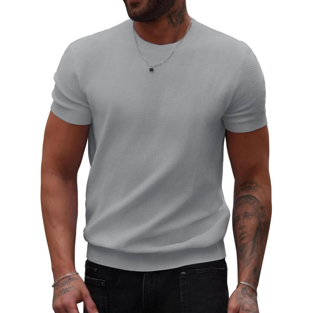 imageCOOFANDY Mens Knit TShirts Summer Waffle Shirts Vintage Shirts Short Sleeve Crew Neck Tee Shirt Casual Crochet TopLight Grey