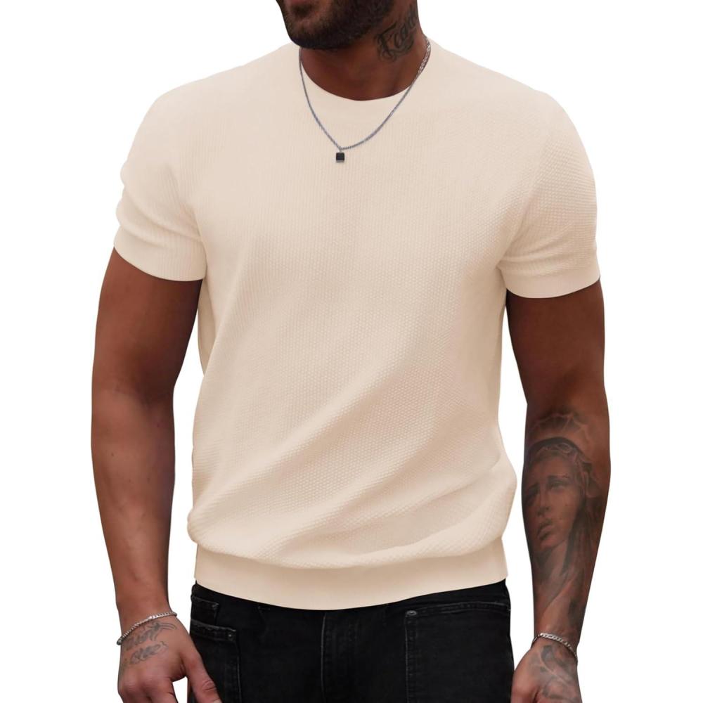 imageCOOFANDY Mens Knit TShirts Summer Waffle Shirts Vintage Shirts Short Sleeve Crew Neck Tee Shirt Casual Crochet TopLight Khaki