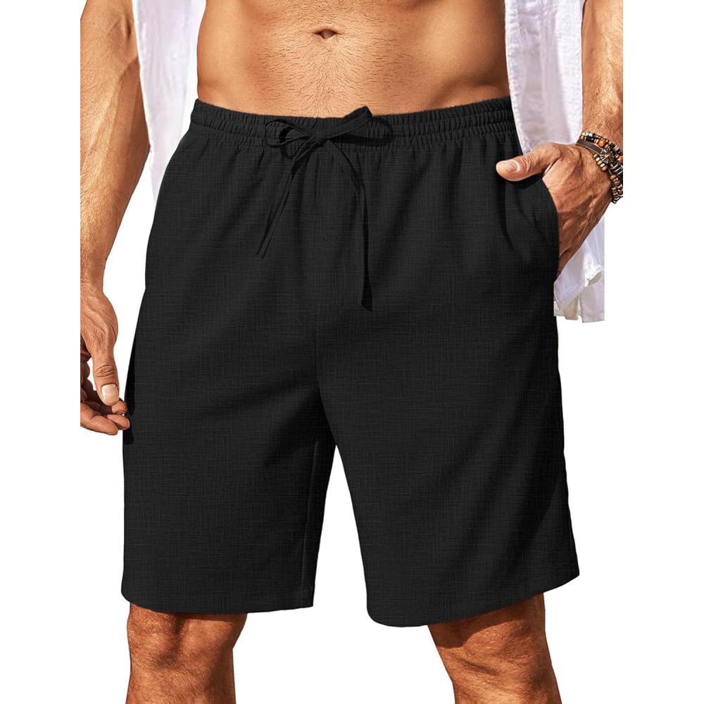 imageCOOFANDY Mens Linen Shorts 9 Elastic Waist Drawstring Casual Shorts Lightweight Summer Beach ShortsBlack