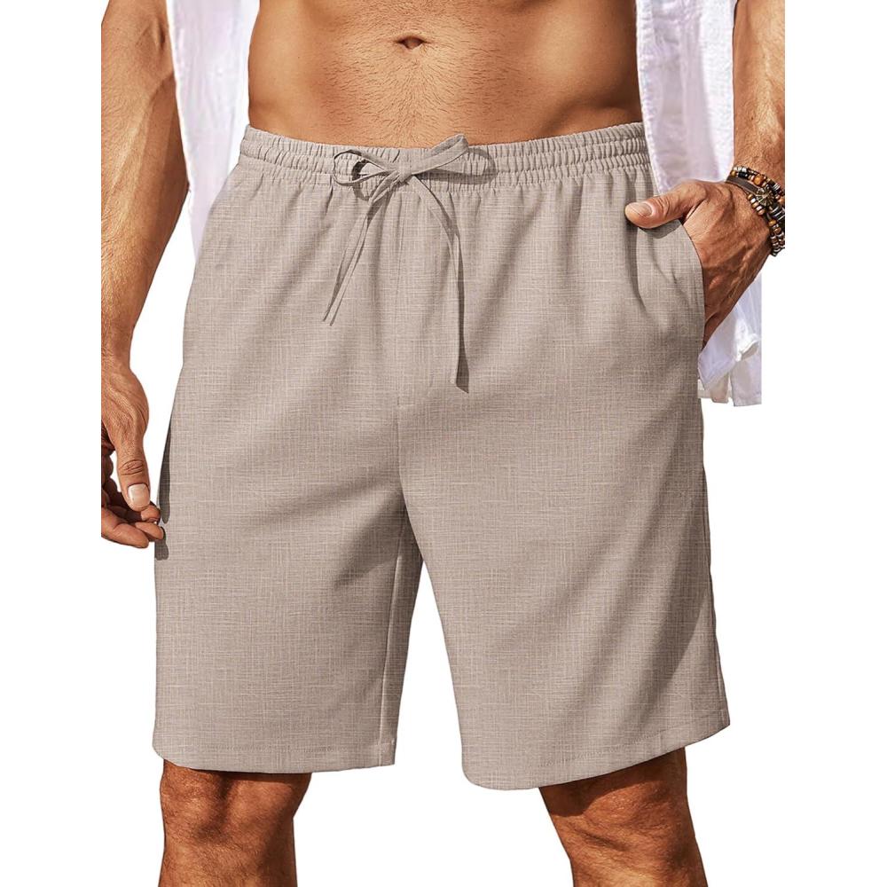 imageCOOFANDY Mens Linen Shorts 9 Elastic Waist Drawstring Casual Shorts Lightweight Summer Beach ShortsKhaki