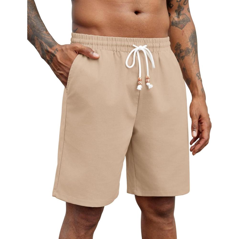 imageCOOFANDY Mens Linen Shorts Casual Drawstring Elastic Waist Lightweight Summer Vacation Beach ShortsDark Beige