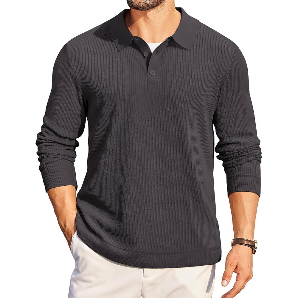 imageCOOFANDY Mens Long Sleeve Polo Knit Polo Sweater Collared Pullover Casual Golf Polo SweaterDark Gray