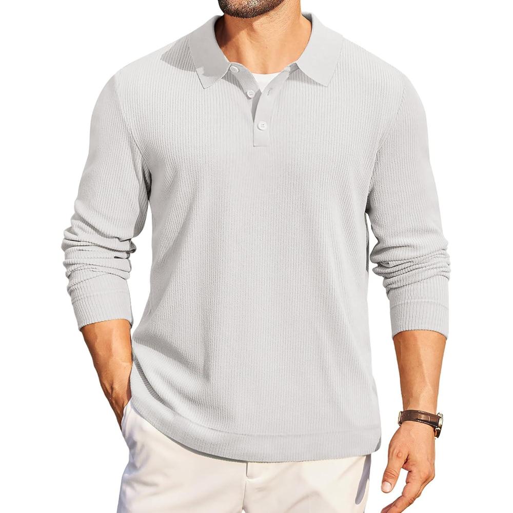 imageCOOFANDY Mens Long Sleeve Polo Knit Polo Sweater Collared Pullover Casual Golf Polo SweaterWhite