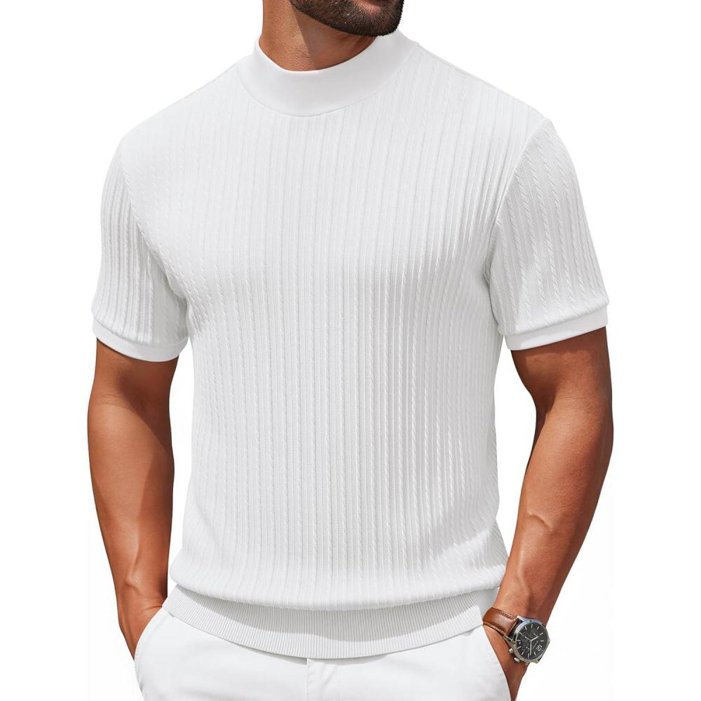 imageCOOFANDY Mens Mock Turtleneck Sweater Short Sleeve Casual Knit Tee Slim Fit Cable Ribbed Texture Pullover TopsWhite