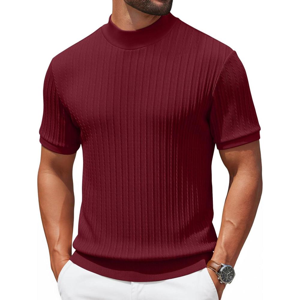 imageCOOFANDY Mens Mock Turtleneck Sweater Short Sleeve Casual Knit Tee Slim Fit Cable Ribbed Texture Pullover TopsWine Red