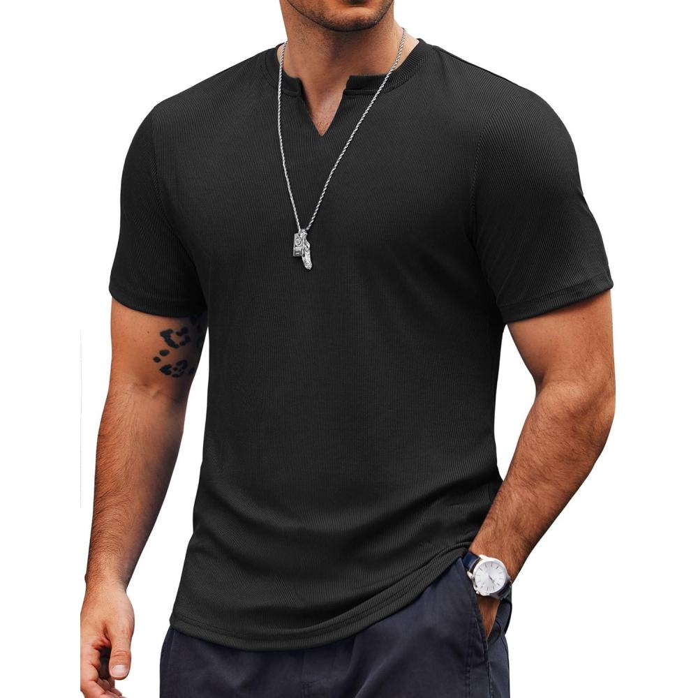 imageCOOFANDY Mens Muscle TShirts VNeck Slim Fit Workout Shirt Short Sleeve Longline Gym Athletic Tee ShirtsSolid Colorblack