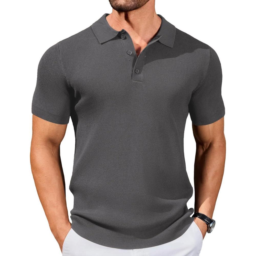 imageCOOFANDY Mens Slim Fit Knit Polo Shirts Business Lightweight Polo Sweater Casual Summer Ribbed Textured Collared T ShirtDark Grey