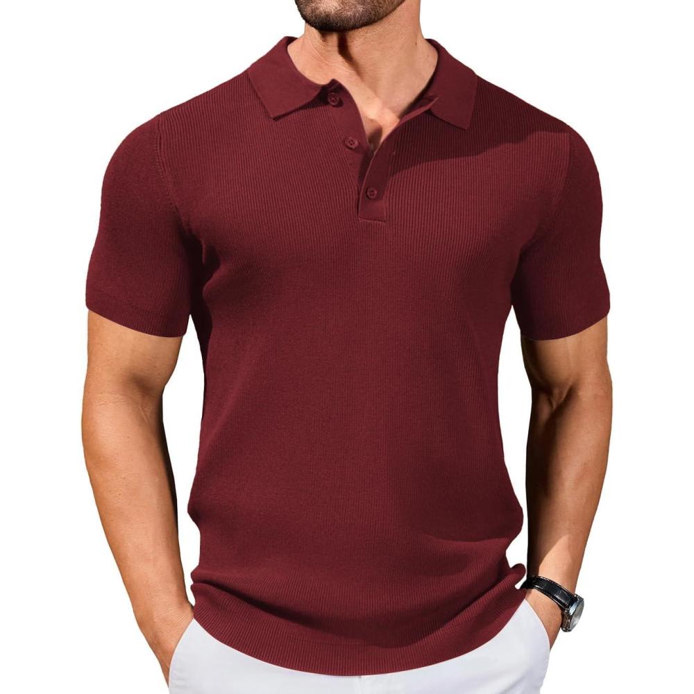 imageCOOFANDY Mens Slim Fit Knit Polo Shirts Business Lightweight Polo Sweater Casual Summer Ribbed Textured Collared T ShirtDark Red