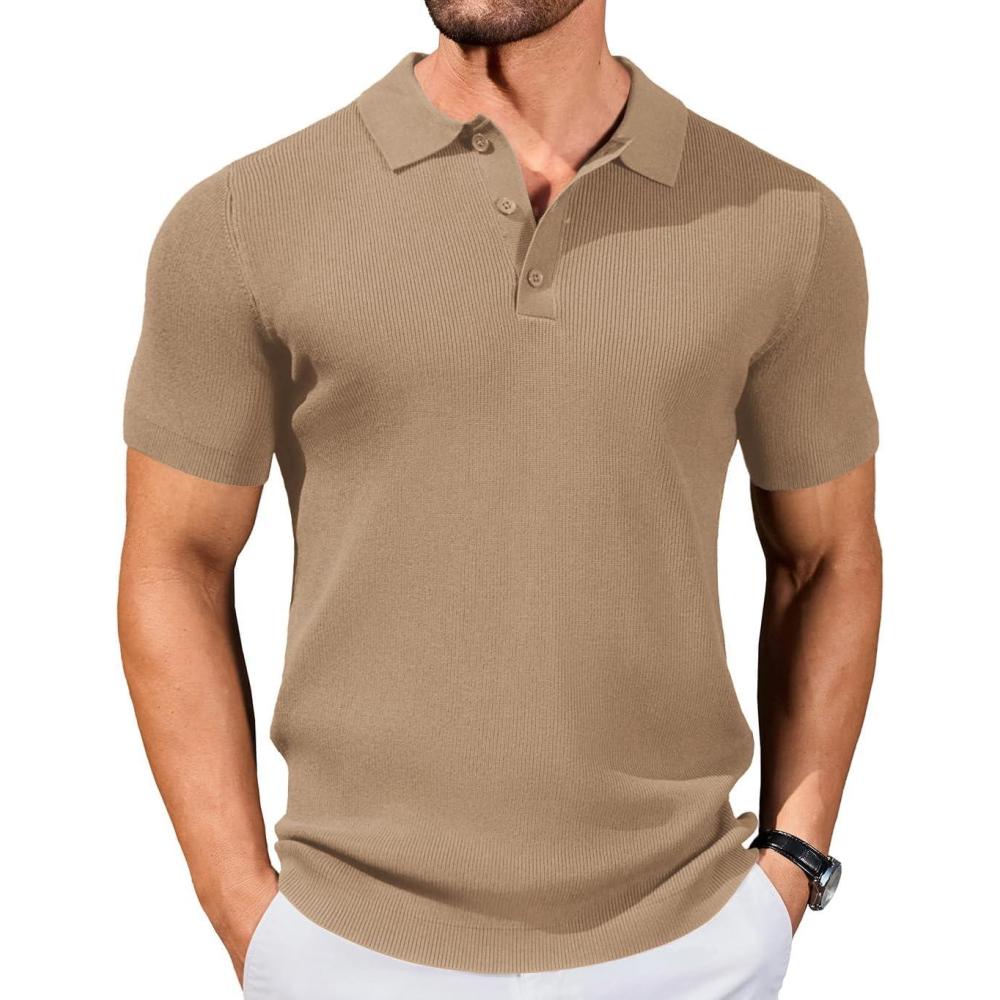 imageCOOFANDY Mens Slim Fit Knit Polo Shirts Business Lightweight Polo Sweater Casual Summer Ribbed Textured Collared T ShirtKhaki