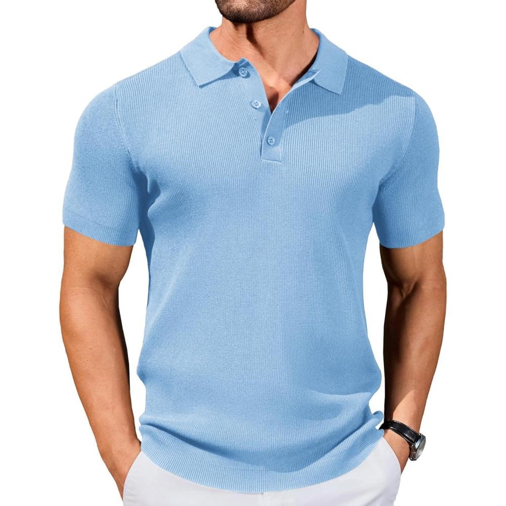 imageCOOFANDY Mens Slim Fit Knit Polo Shirts Business Lightweight Polo Sweater Casual Summer Ribbed Textured Collared T ShirtLight Blue