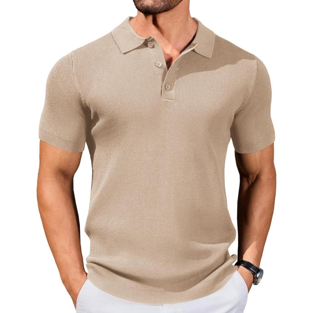 imageCOOFANDY Mens Slim Fit Knit Polo Shirts Business Lightweight Polo Sweater Casual Summer Ribbed Textured Collared T ShirtLight Coffee