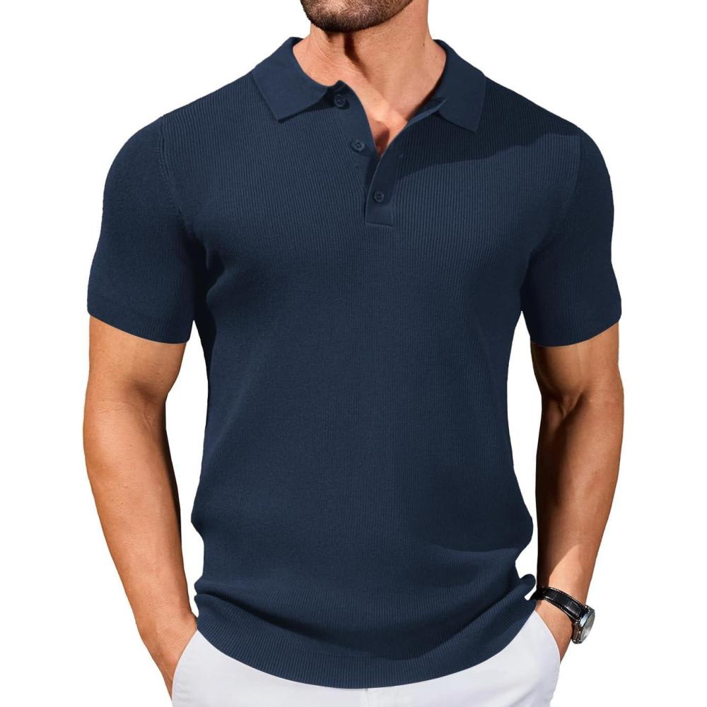 imageCOOFANDY Mens Slim Fit Knit Polo Shirts Business Lightweight Polo Sweater Casual Summer Ribbed Textured Collared T ShirtNavy Blue