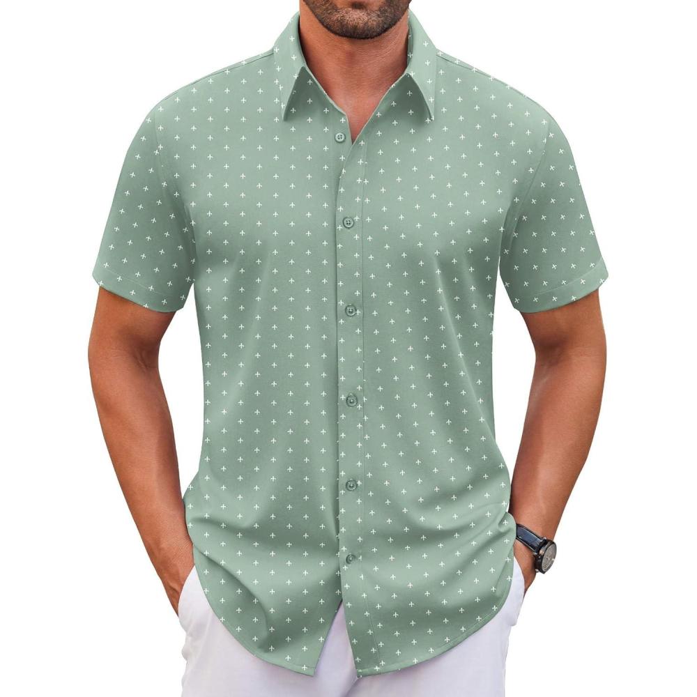 imageCOOFANDY Mens Stretch Dress Shirts Short Sleeve Wrinkle Free Casual Button Down ShirtsLight Greenflower