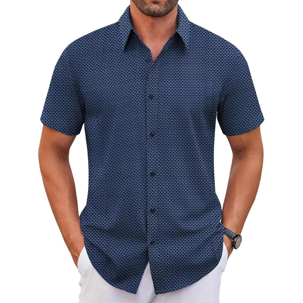 imageCOOFANDY Mens Stretch Dress Shirts Short Sleeve Wrinkle Free Casual Button Down ShirtsNavywhite