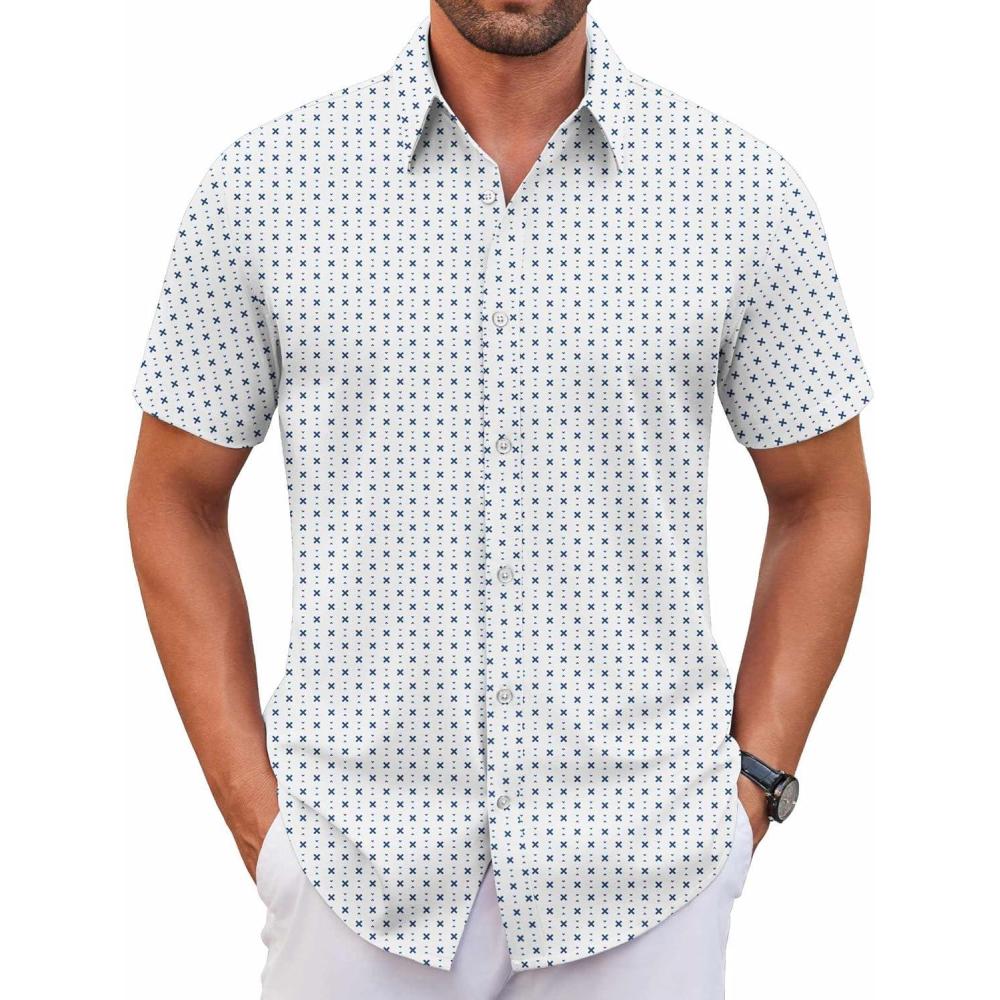 imageCOOFANDY Mens Stretch Dress Shirts Short Sleeve Wrinkle Free Casual Button Down ShirtsWhiteblue