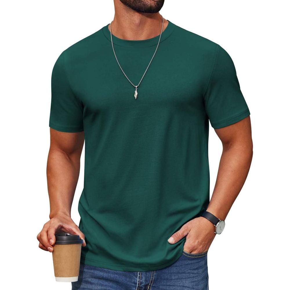 imageCOOFANDY Mens T Shirt Short Sleeve Cotton Blend TShirts Crew Neck Casual Summer Basic Tee ShirtsLake Green