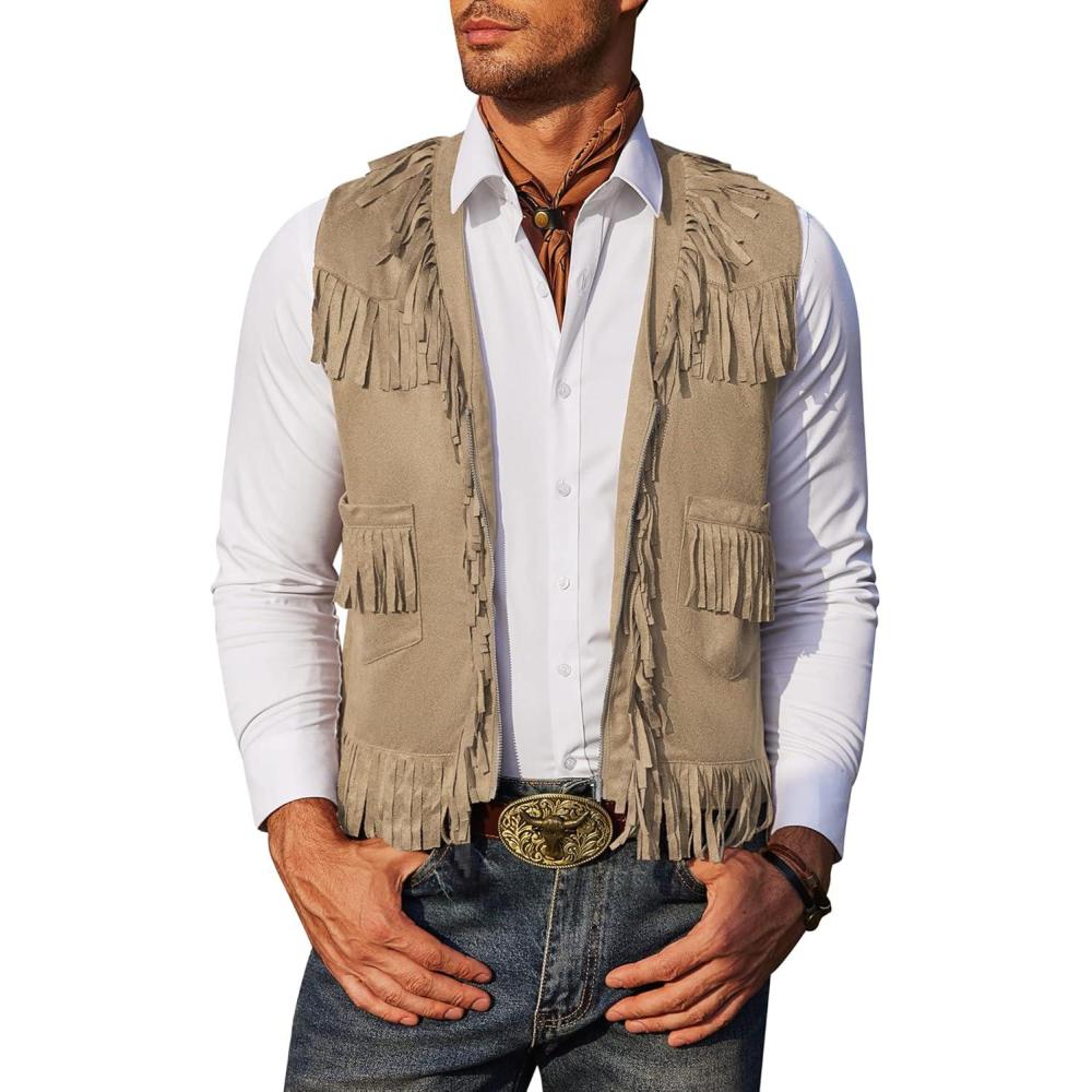 imageCOOFANDY Mens Western Cowboy Vest Casual Fringe Hippie Costume V Neck Zipper Suede Leather WaistcoatKhaki