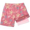 COOFANDY Men’s 7″ Swim Trunks with Compression Liner Stretch Swimming Shorts with Zipper Pockets(Pink – Turtles)