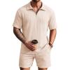 COOFANDY Men’s 2 Piece Set Summer Beach Vacation Outfits Quarter Zip Polo Shirt and Shorts Sets(Cream)