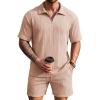 COOFANDY Men’s 2 Piece Set Summer Beach Vacation Outfits Quarter Zip Polo Shirt and Shorts Sets(Khaki)
