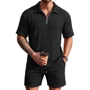 COOFANDY Men’s 2 Piece Set Summer Beach Vacation Outfits Quarter Zip Polo Shirt and Shorts Sets(1-black)