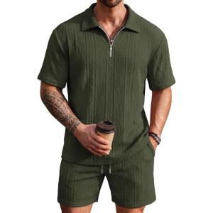 COOFANDY Men’s 2 Piece Set Summer Beach Vacation Outfits Quarter Zip Polo Shirt and Shorts Sets(Army Green)