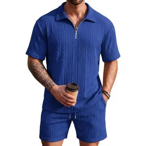 COOFANDY Men’s 2 Piece Set Summer Beach Vacation Outfits Quarter Zip Polo Shirt and Shorts Sets(Blue)
