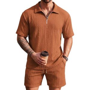 COOFANDY Men’s 2 Piece Set Summer Beach Vacation Outfits Quarter Zip Polo Shirt and Shorts Sets(Brown)