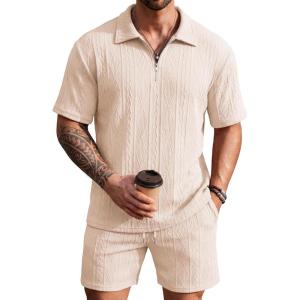 COOFANDY Men’s 2 Piece Set Summer Beach Vacation Outfits Quarter Zip Polo Shirt and Shorts Sets(Cream)