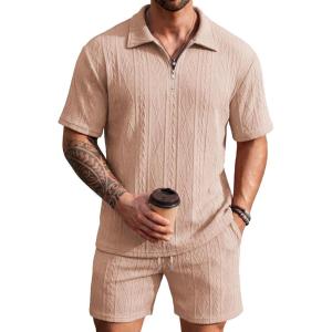 COOFANDY Men’s 2 Piece Set Summer Beach Vacation Outfits Quarter Zip Polo Shirt and Shorts Sets(Khaki)