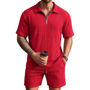 COOFANDY Men’s 2 Piece Set Summer Beach Vacation Outfits Quarter Zip Polo Shirt and Shorts Sets(Red)