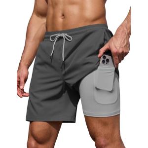 COOFANDY Men’s 7″ Swim Trunks with Compression Liner Stretch Swimming Shorts with Zipper Pockets(Dark Grey)