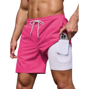 COOFANDY Men’s 7″ Swim Trunks with Compression Liner Stretch Swimming Shorts with Zipper Pockets(Hot Pink)