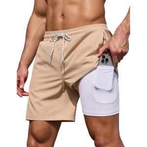 COOFANDY Men’s 7″ Swim Trunks with Compression Liner Stretch Swimming Shorts with Zipper Pockets(Khaki)